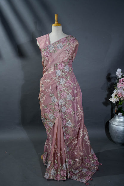 Pink Embroidery Tissue Saree
