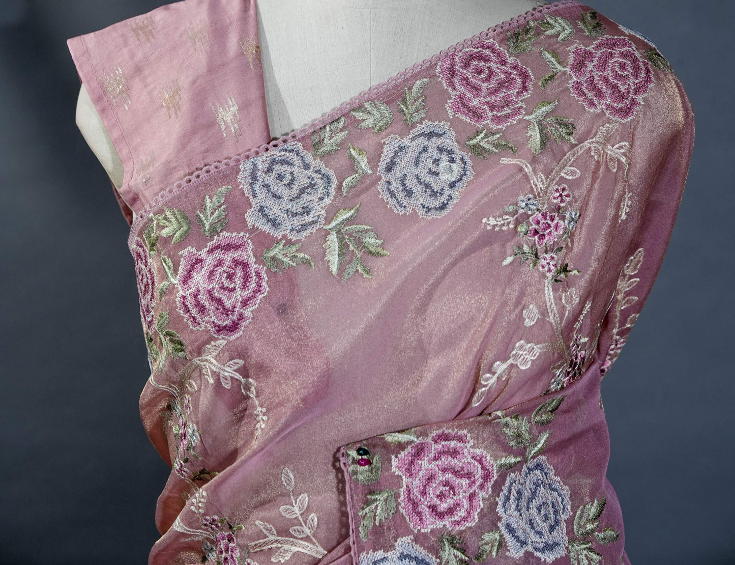 Pink Embroidery Tissue Saree