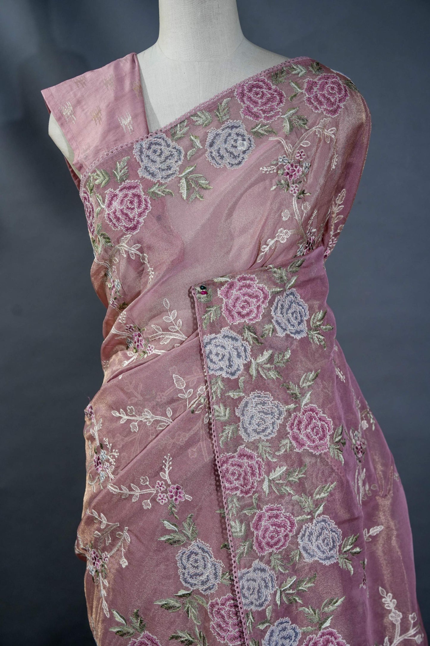Pink Embroidery Tissue Saree