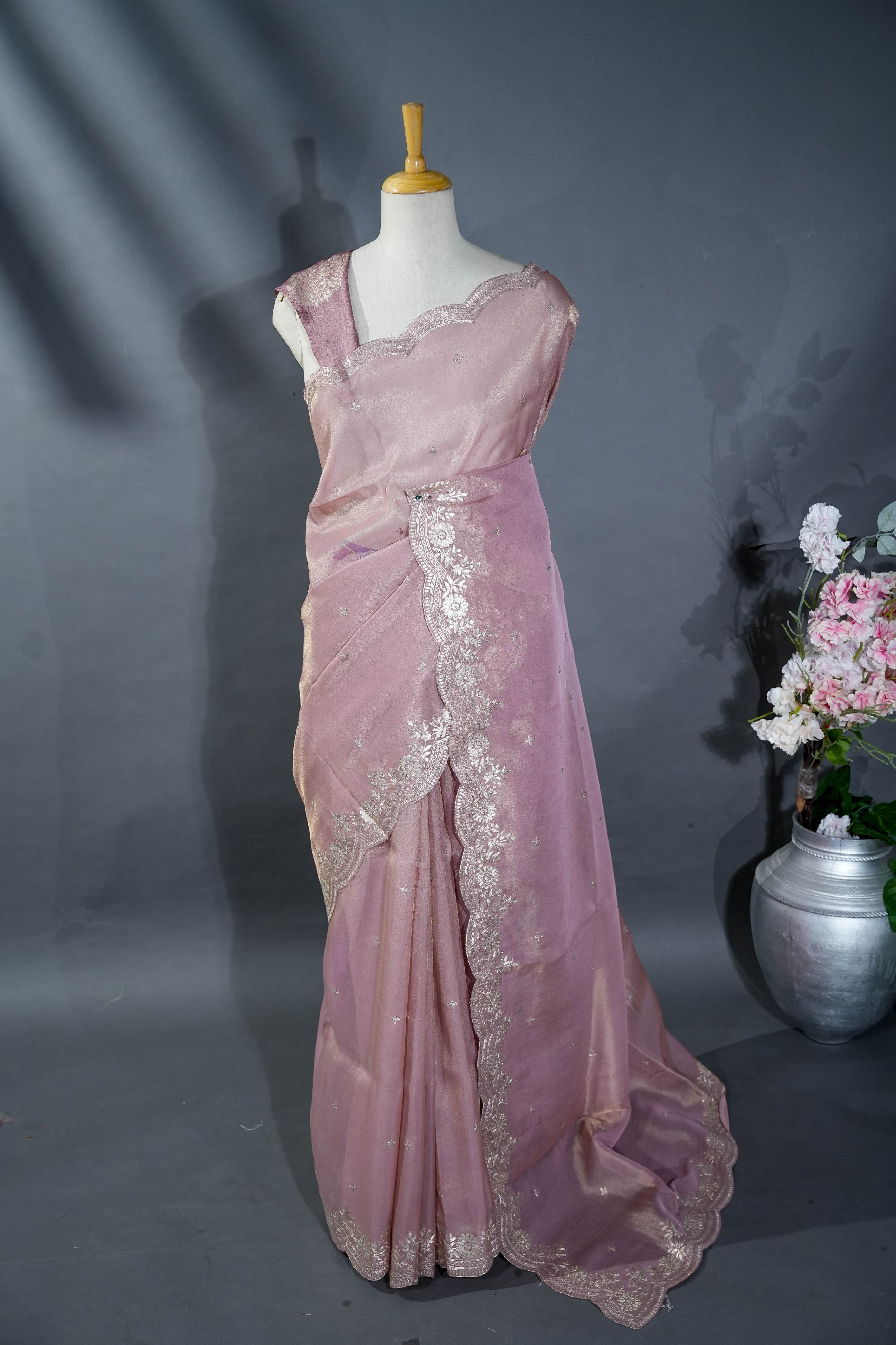 Pink Embroidery Tissue Saree