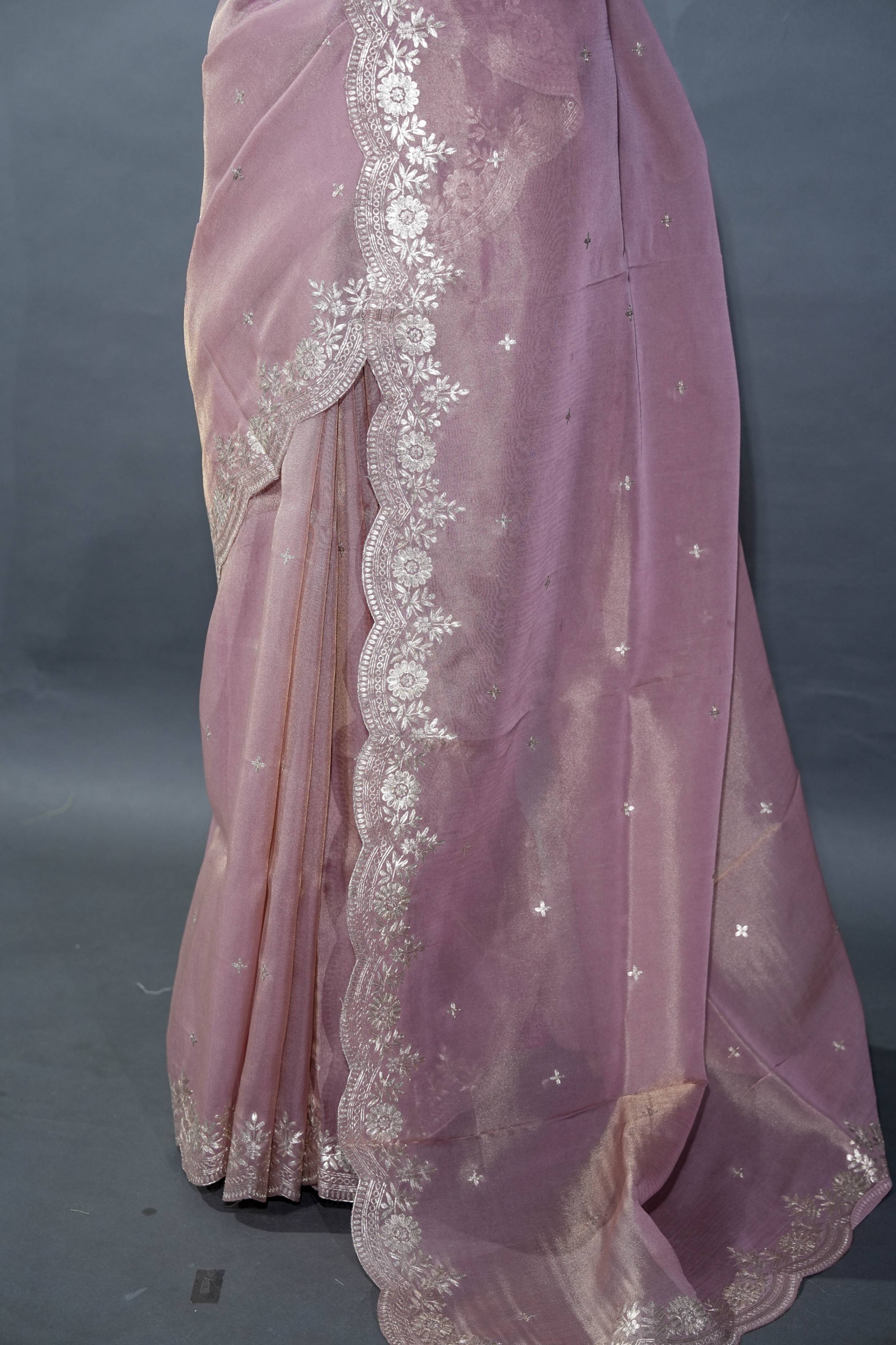 Pink Embroidery Tissue Saree