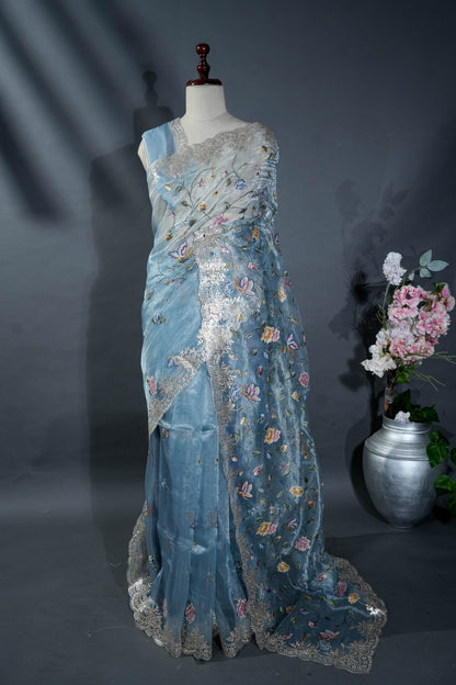 Ferozi Embroidery Tissue Saree