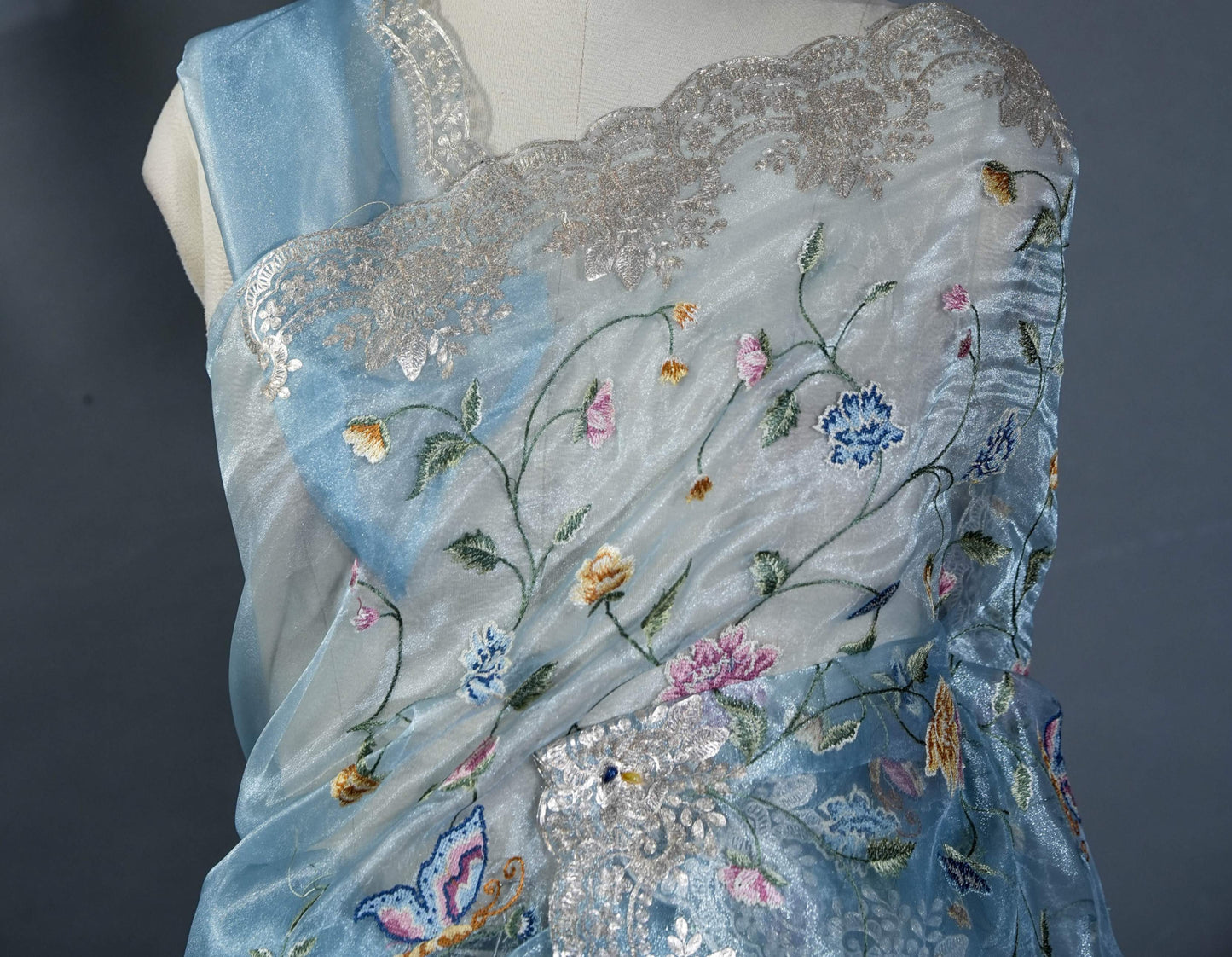 Ferozi Embroidery Tissue Saree