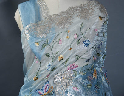 Ferozi Embroidery Tissue Saree