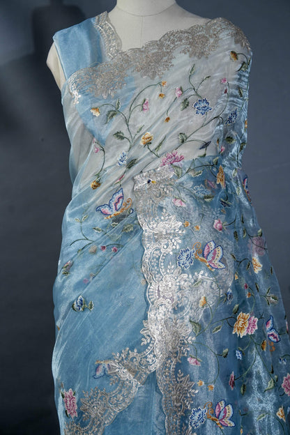 Ferozi Embroidery Tissue Saree