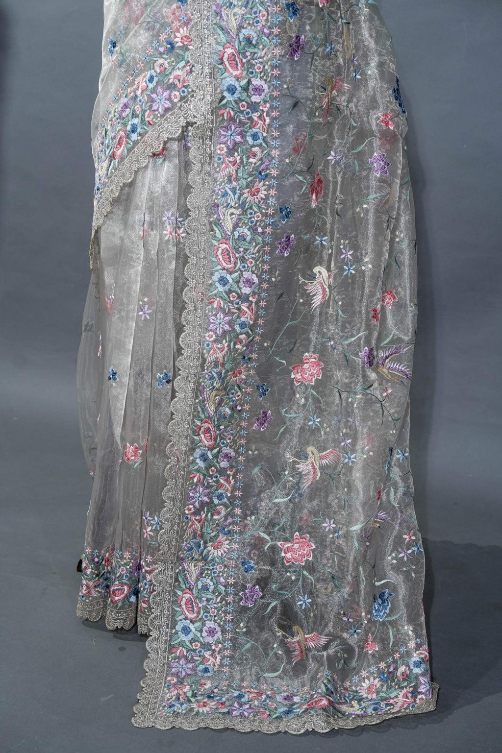 Silver Embroidery Tissue Saree