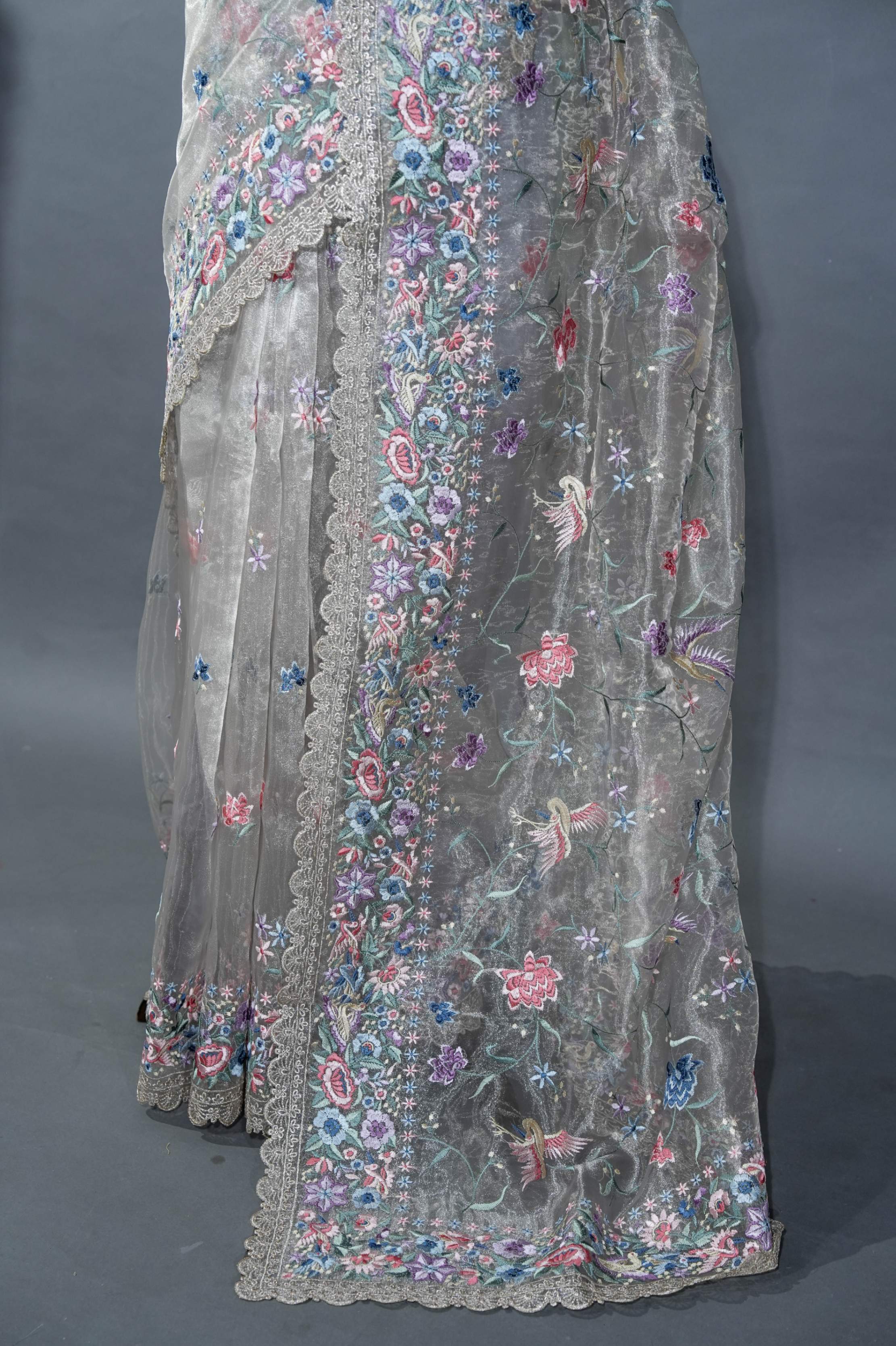 Silver Embroidery Tissue Saree