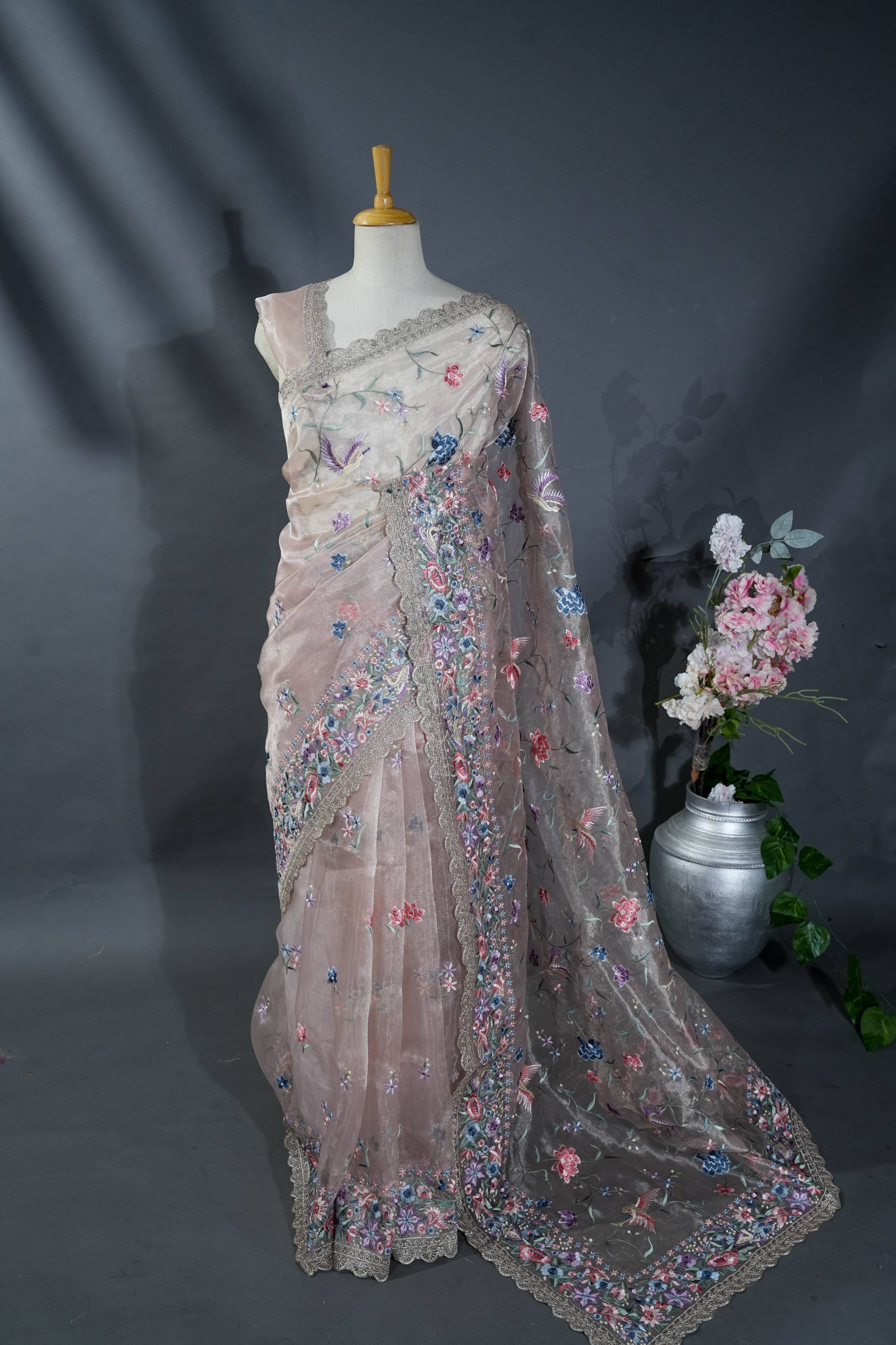 Silver Embroidery Tissue Saree