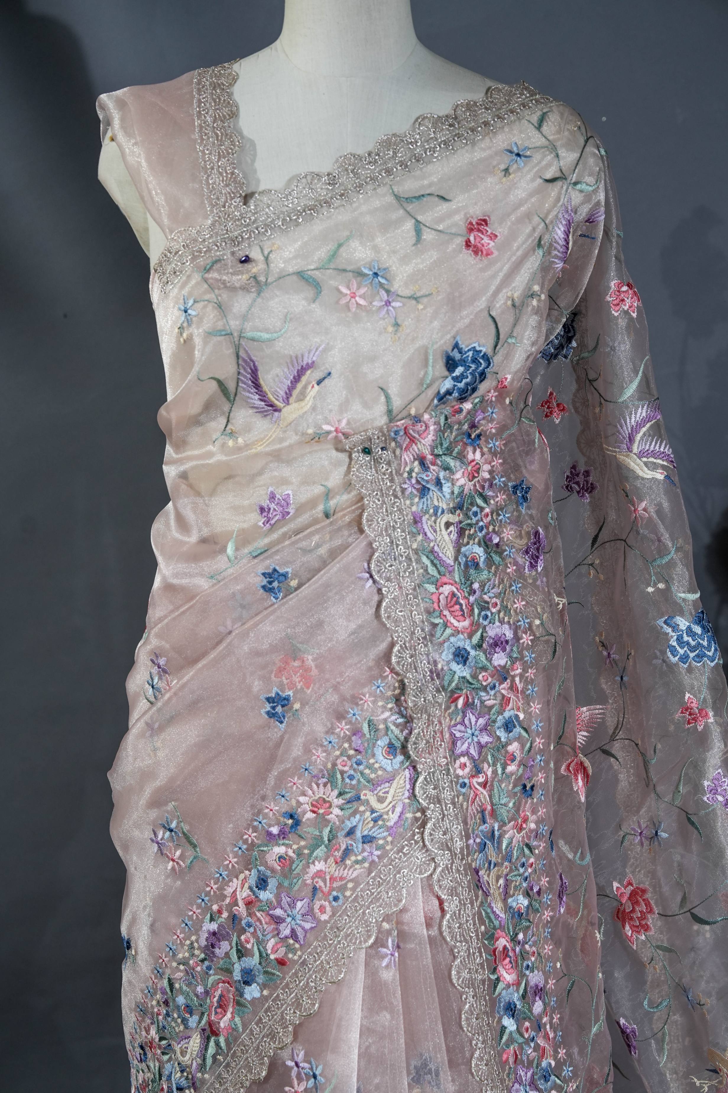 Silver Embroidery Tissue Saree