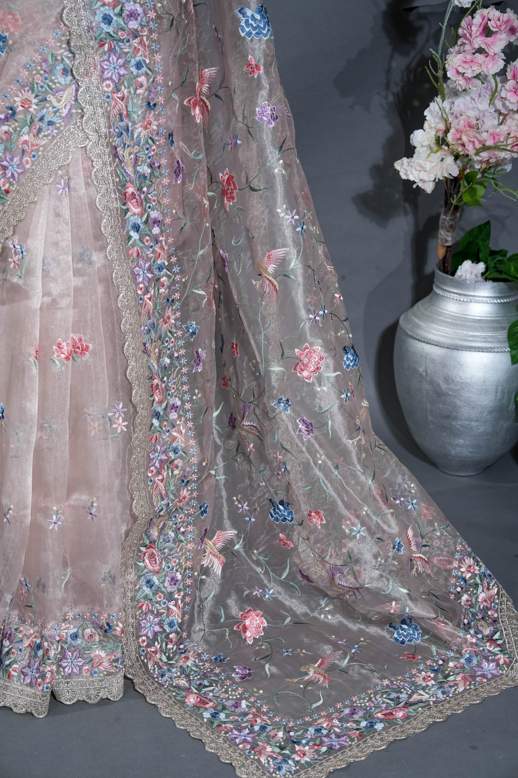 Silver Embroidery Tissue Saree