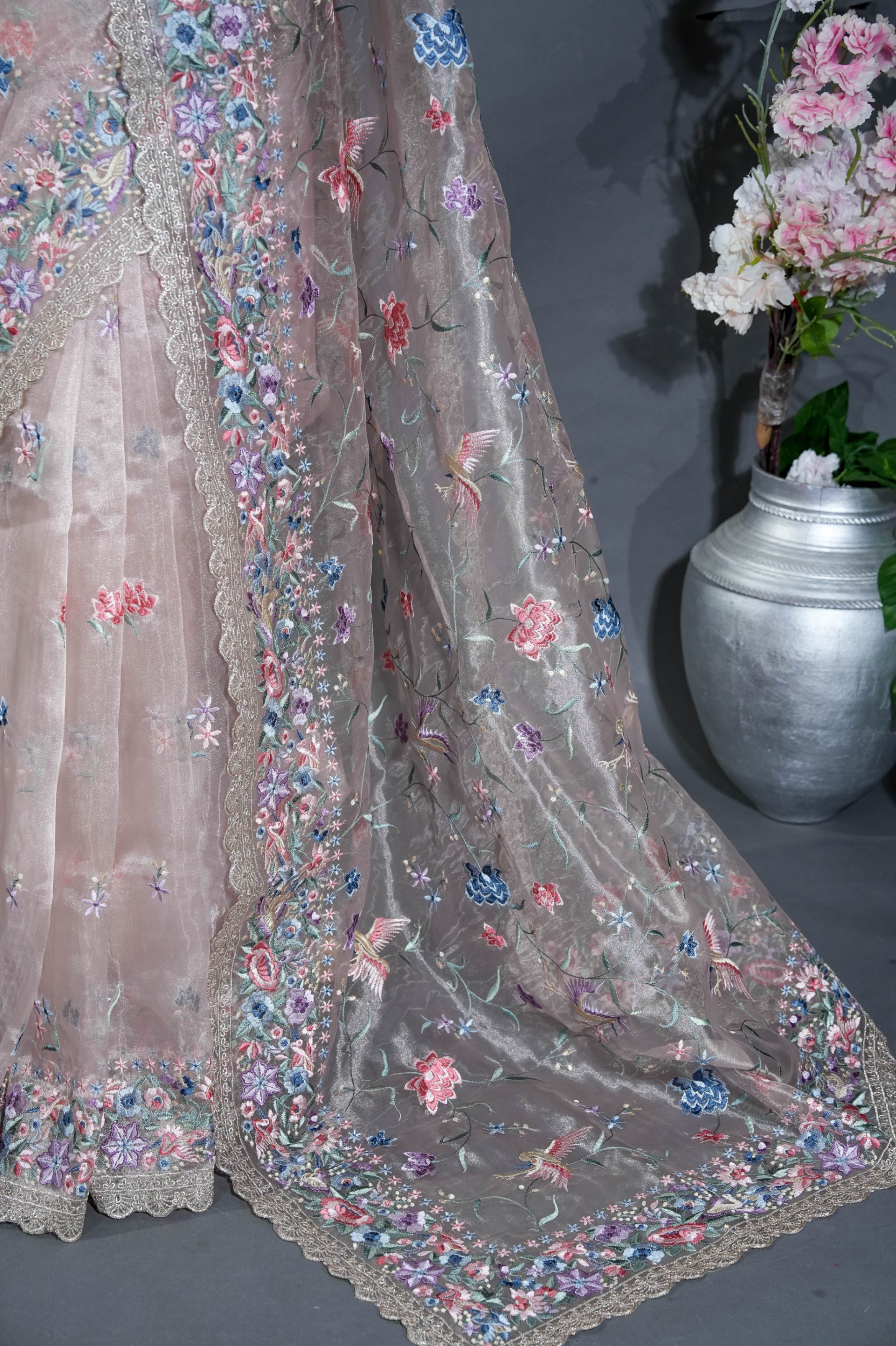Silver Embroidery Tissue Saree