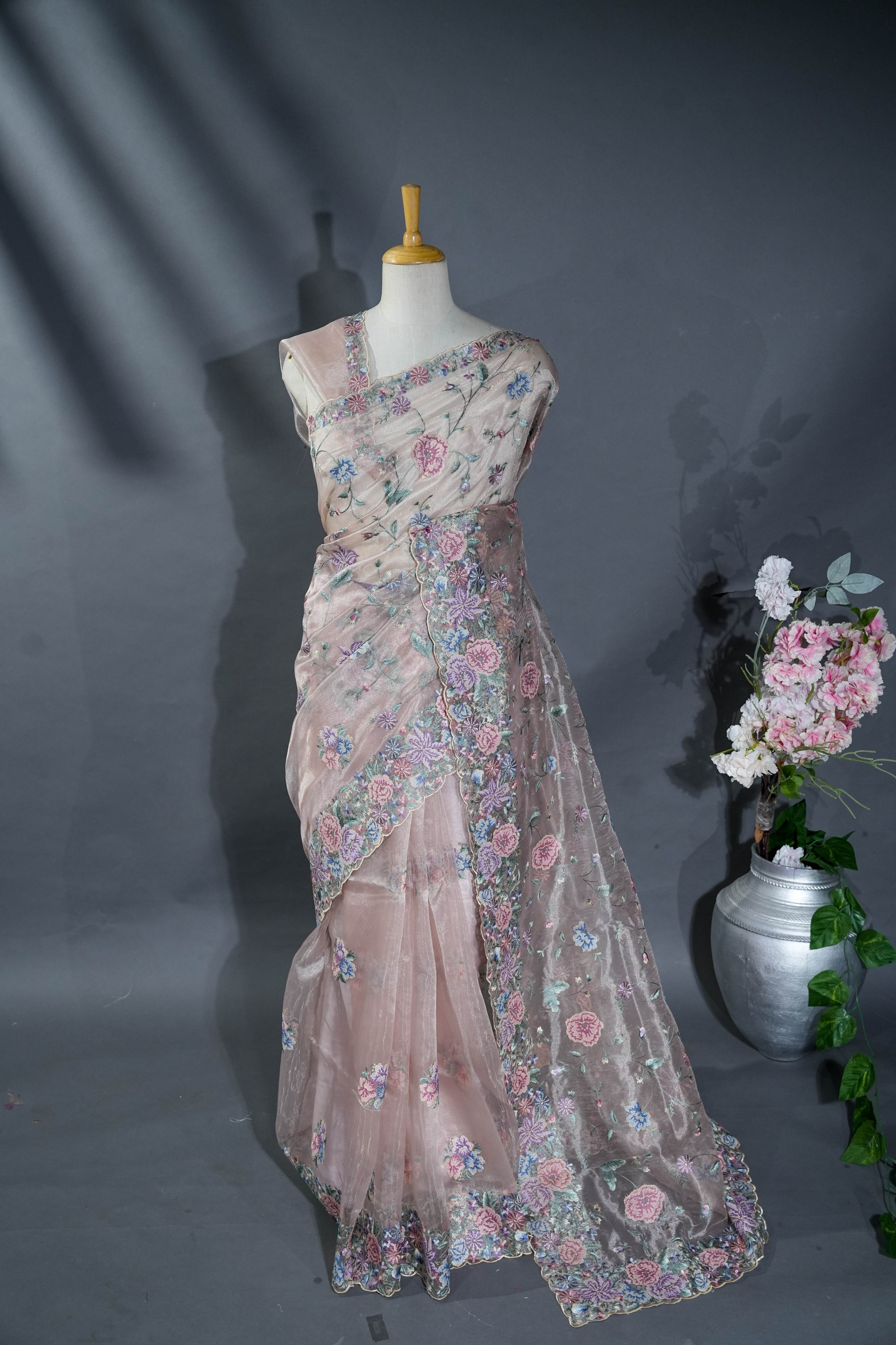 Pastel Embroidery Organza Saree
