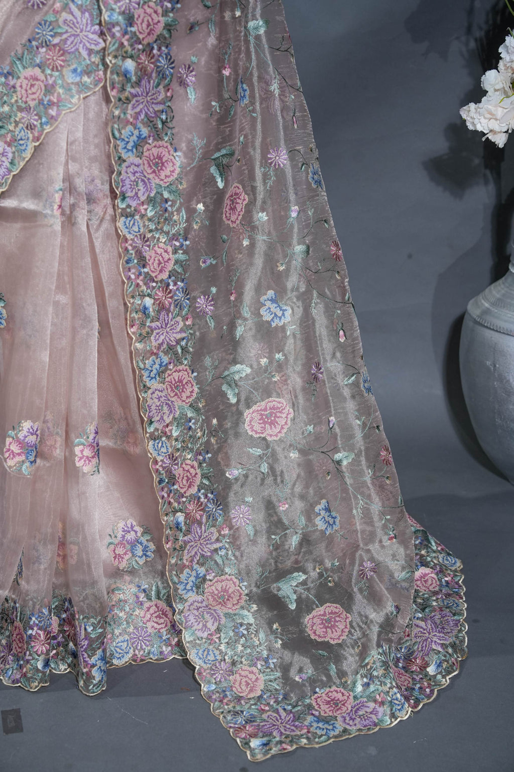 Pastel Embroidery Organza Saree