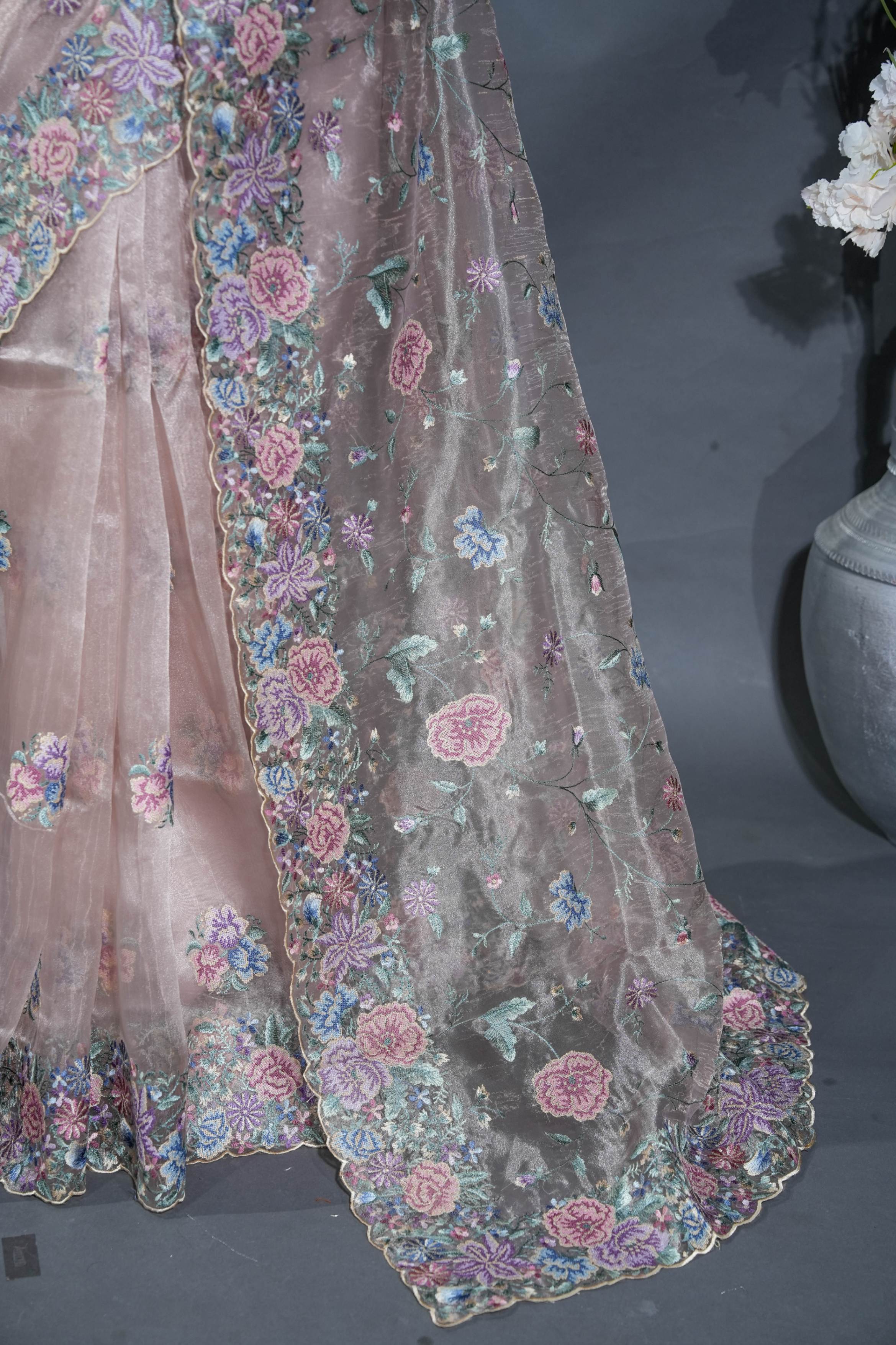 Pastel Embroidery Organza Saree