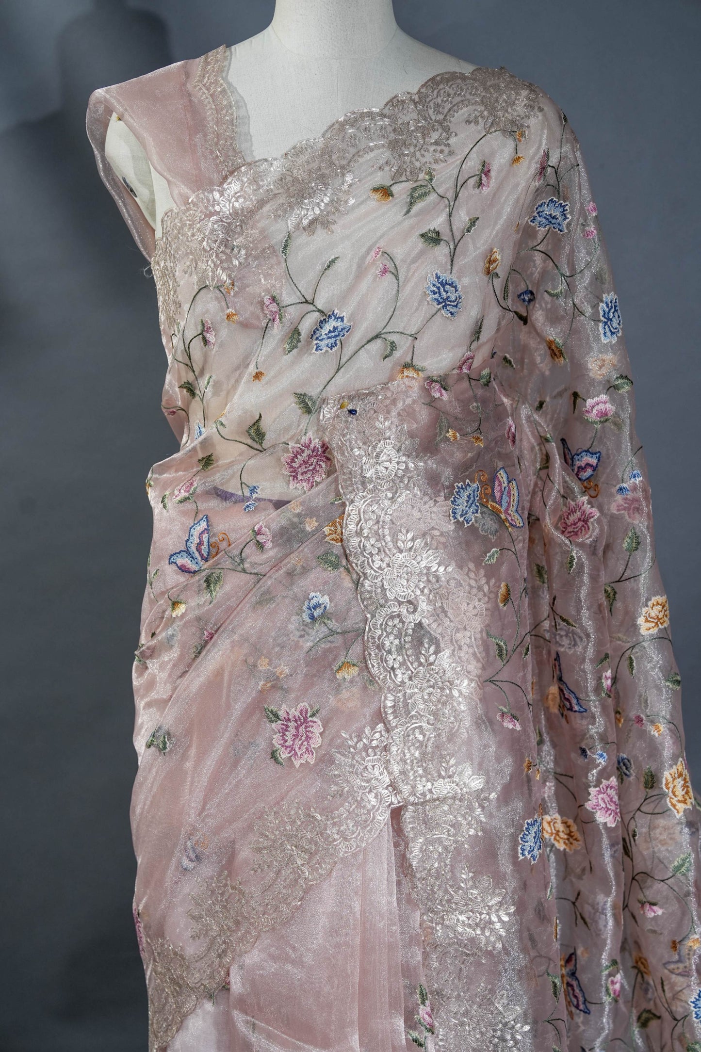 Pastel Embroidery Tissue Saree