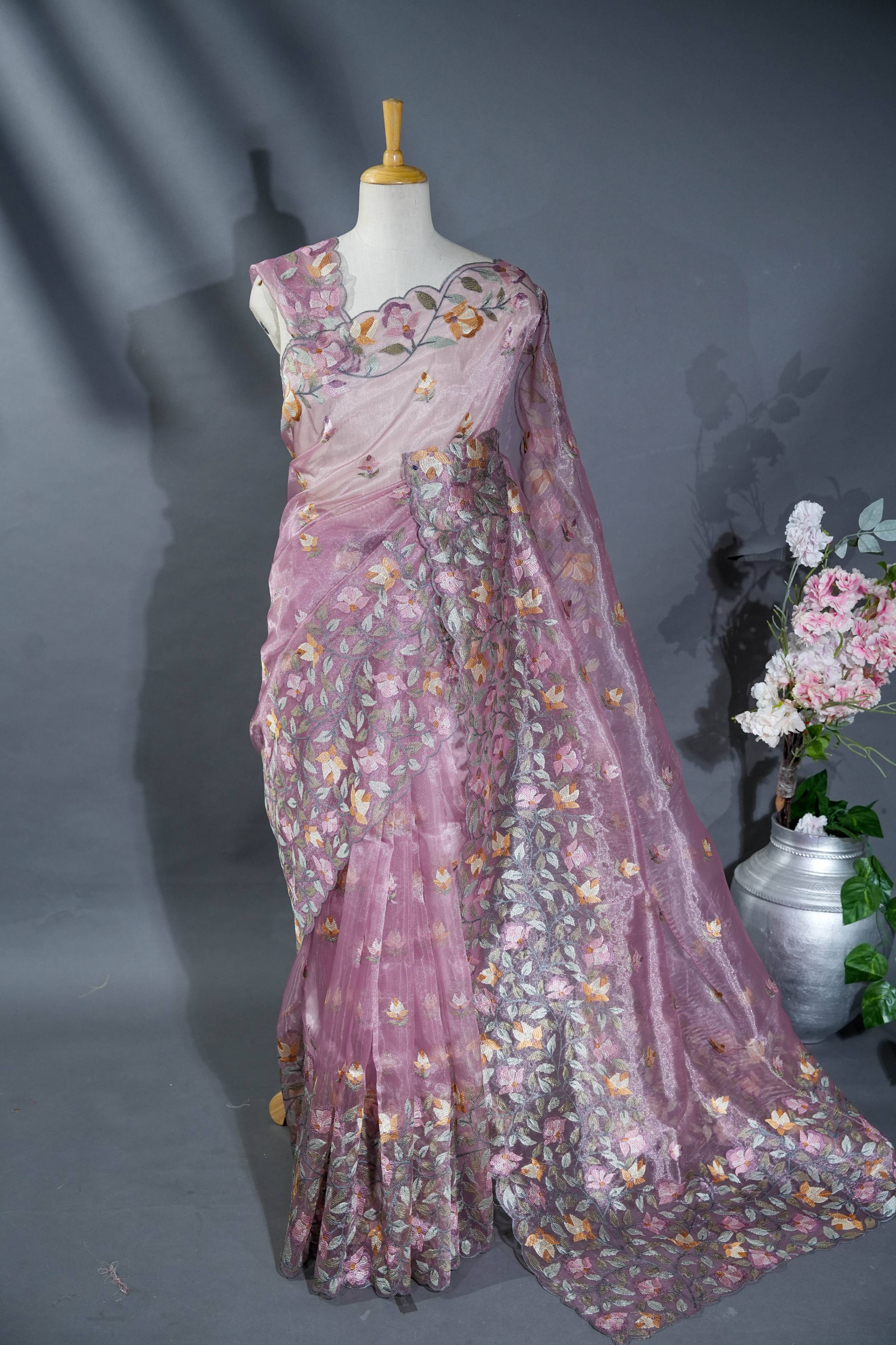 Pink Embroidery Organza Saree