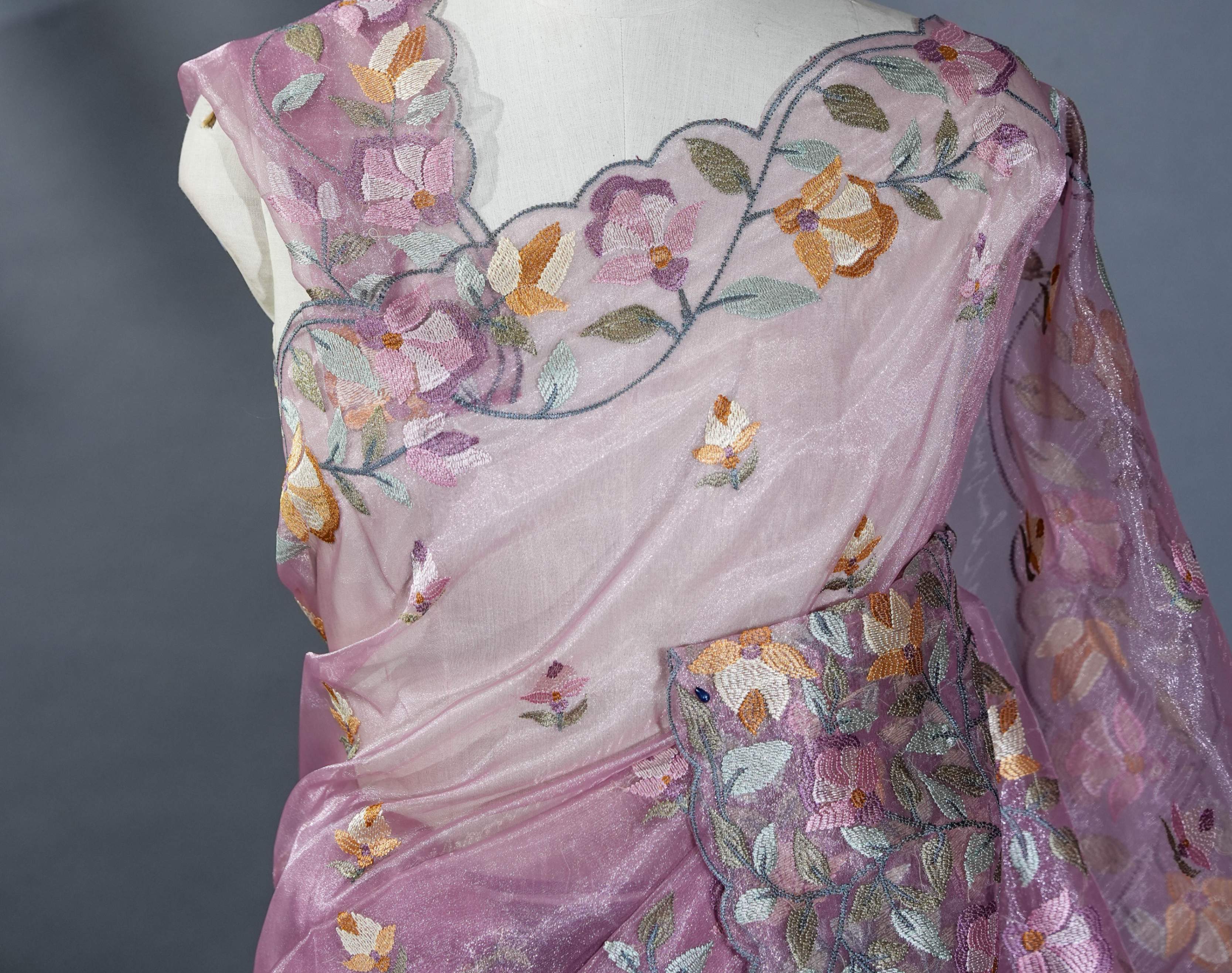 Pink Embroidery Organza Saree