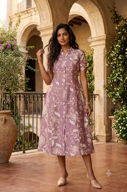 Mauve Floral Printed Cotton A-Line Midi Dress with Shirt Collar