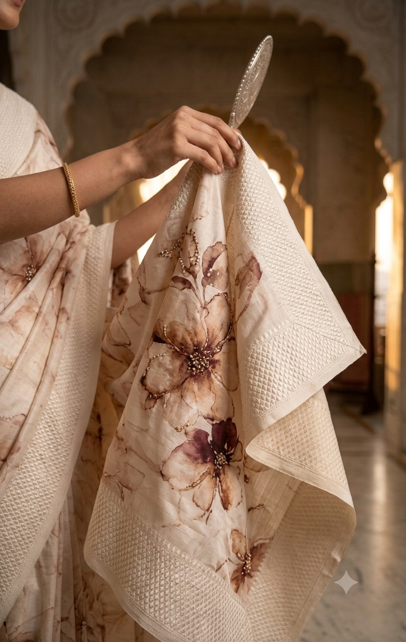 Cream Watercolor Print Saree with Intricate Beadwork & Textured Border