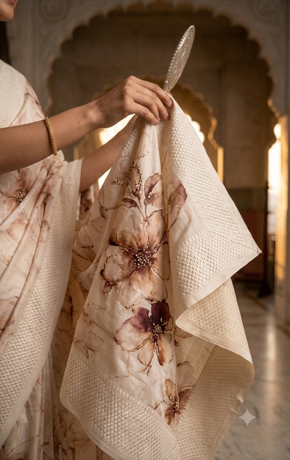 Cream Watercolor Print Saree with Intricate Beadwork & Textured Border
