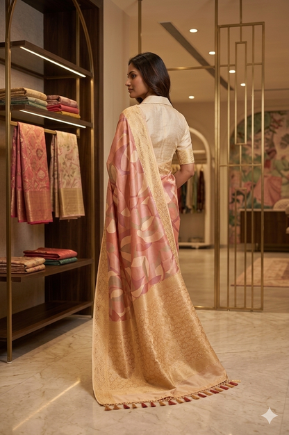 Elegant Peach & Pink Abstract Print Silk Saree with Gold Border