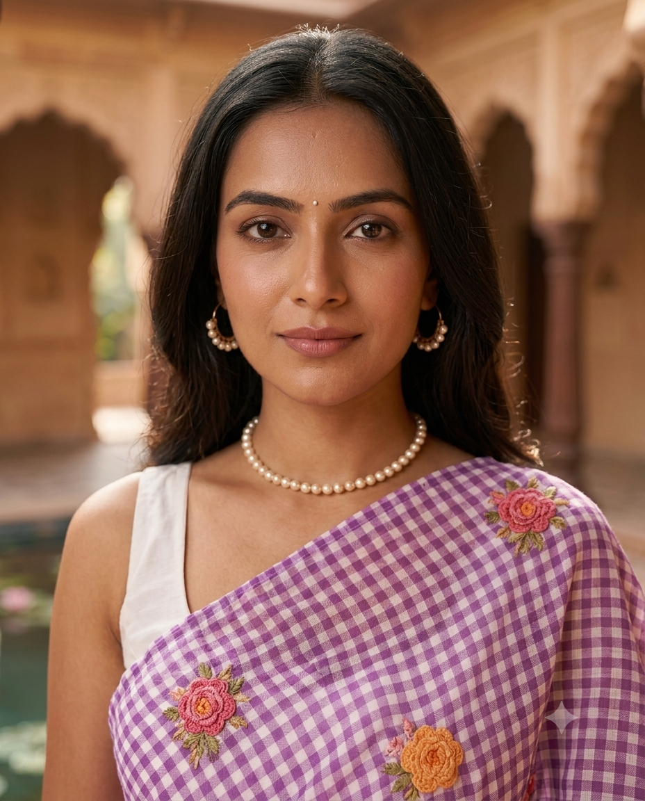 Hand-Embroidered Purple Gingham Check Saree with White Blouse