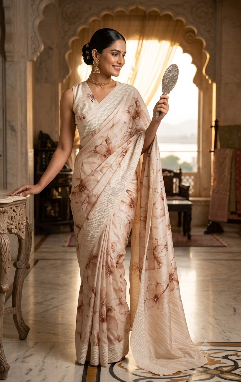 Cream Watercolor Print Saree with Intricate Beadwork & Textured Border