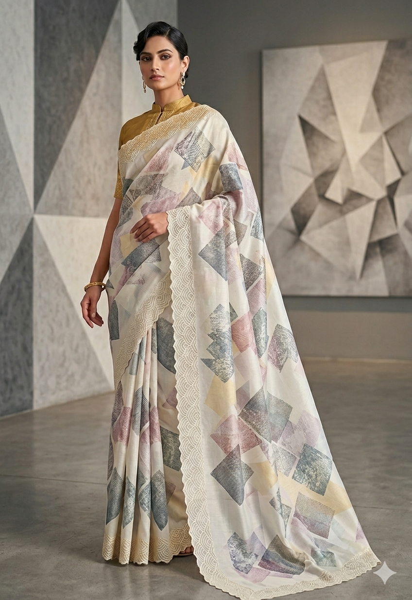 Off-White Geometric Print Saree with Scalloped Lace Border