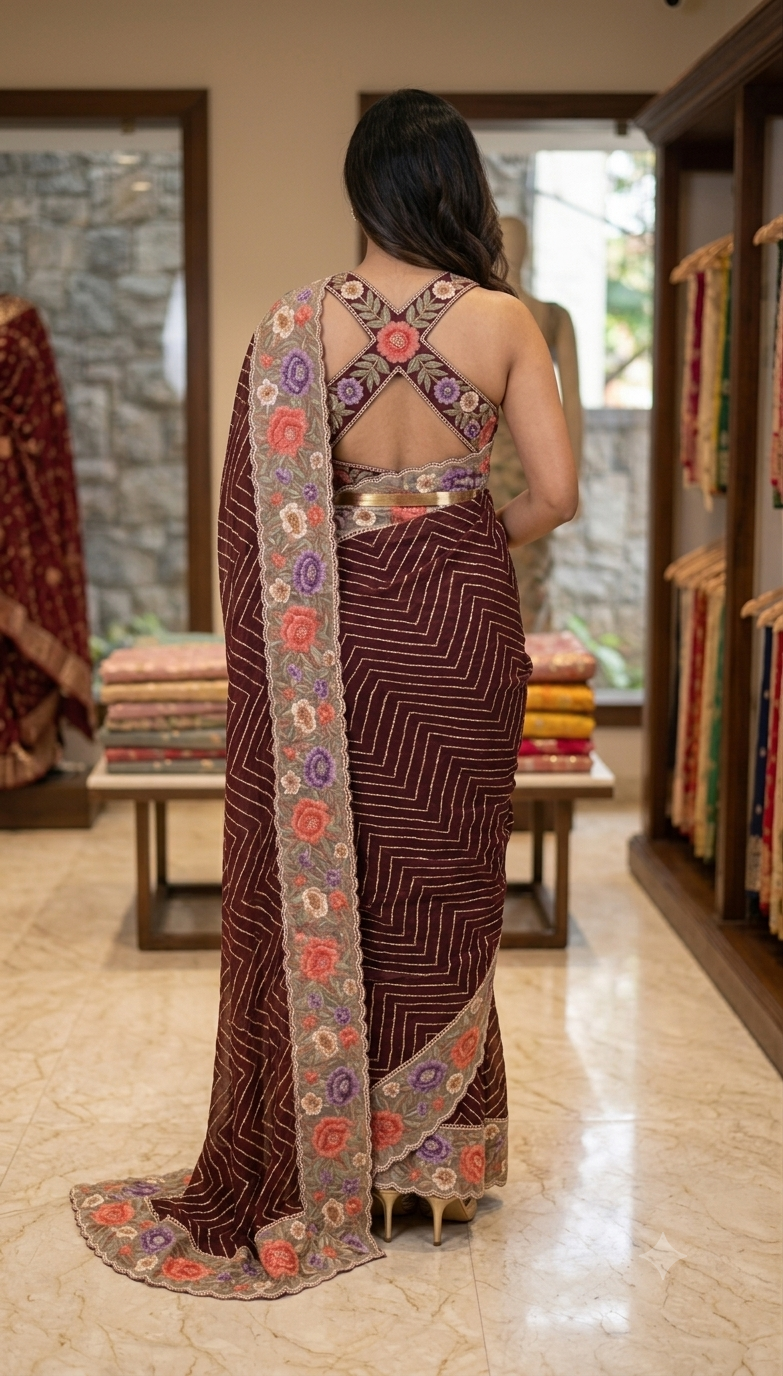 Deep Maroon Chevron Embroidered Saree with Floral Border