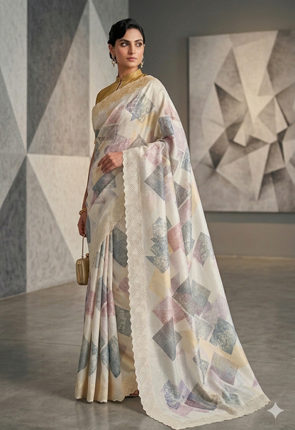 Off-White Geometric Print Saree with Scalloped Lace Border