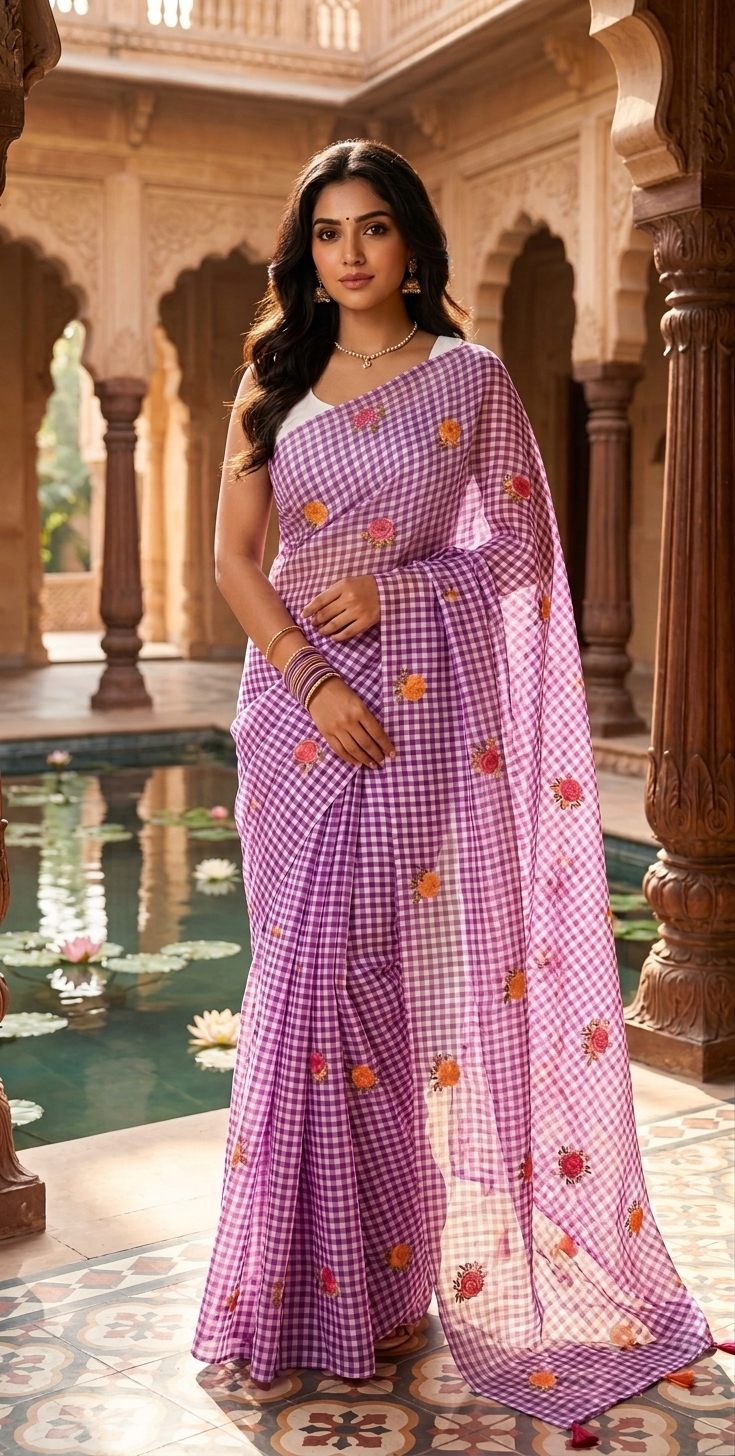 Hand-Embroidered Purple Gingham Check Saree with White Blouse