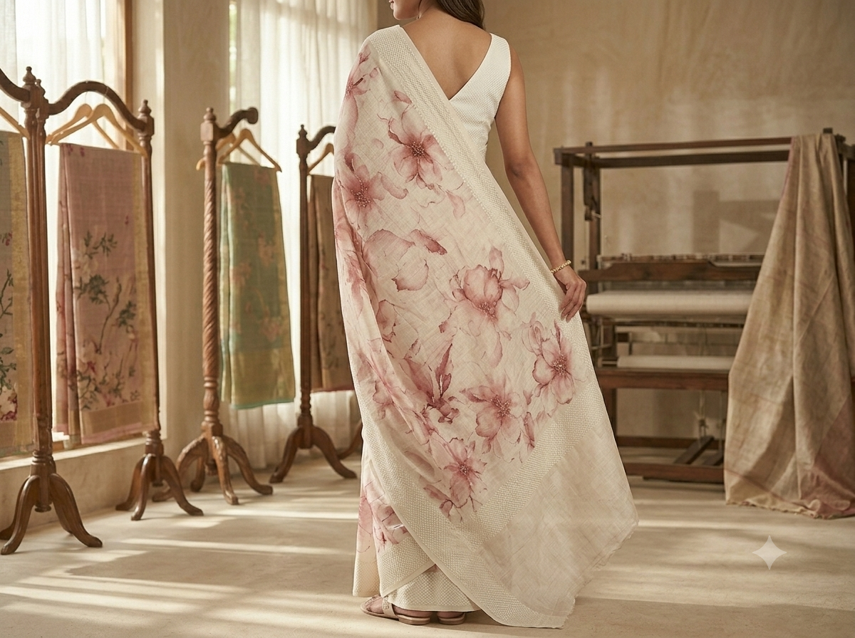 Elegant Floral Print Cotton Saree in Soft Pink & Cream