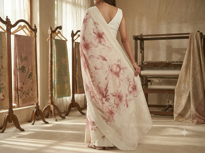 Elegant Floral Print Cotton Saree in Soft Pink & Cream