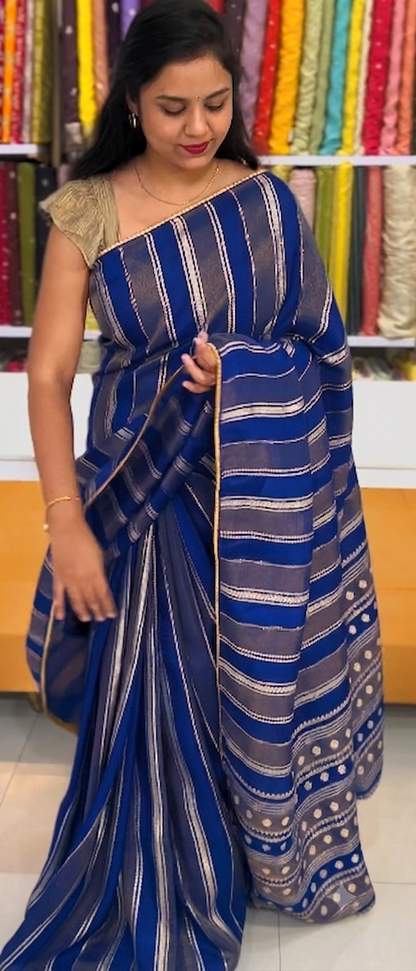 Royal Blue Handloom Cotton Saree with Silver Stripes & Traditional Border
