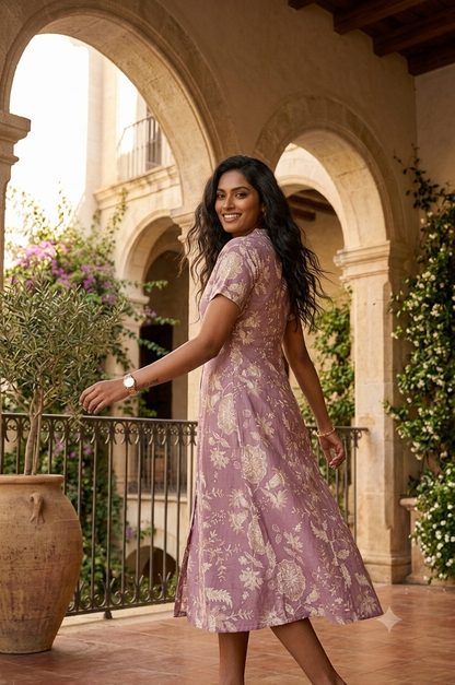 Mauve Floral Printed Cotton A-Line Midi Dress with Shirt Collar