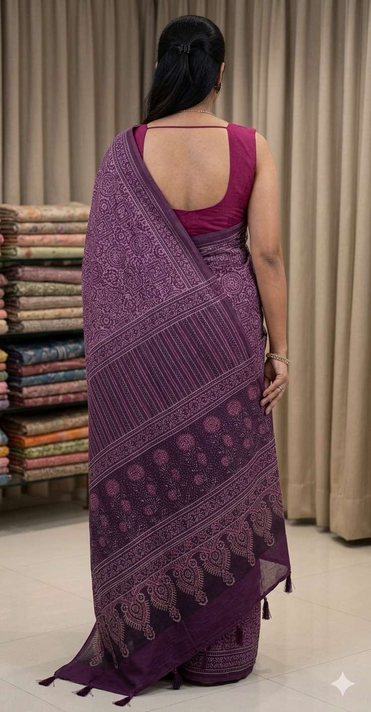 Elegant Purple Hand-Block Printed Saree