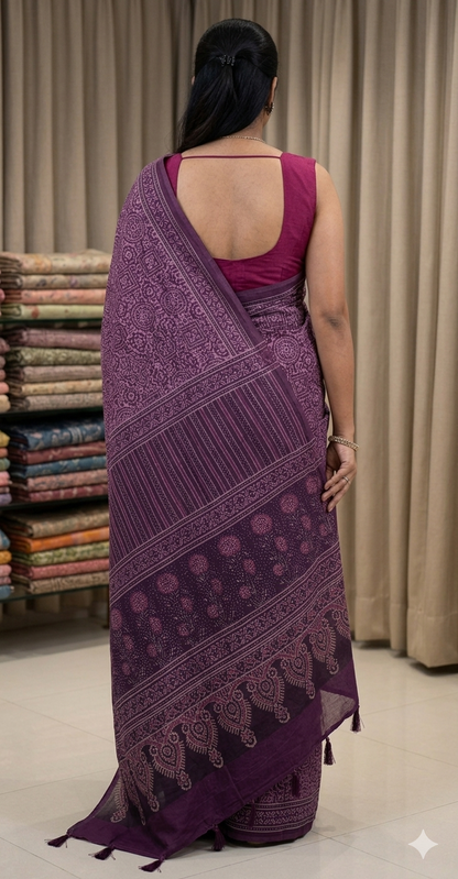 Elegant Purple Hand-Block Printed Saree