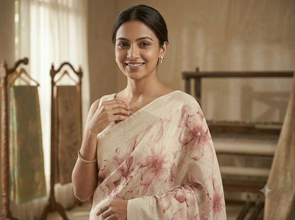 Elegant Floral Print Cotton Saree in Soft Pink & Cream