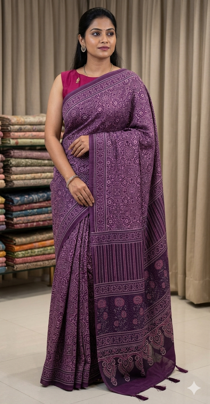 Elegant Purple Hand-Block Printed Saree