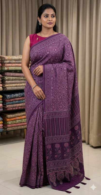 Elegant Purple Hand-Block Printed Saree