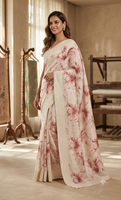 Elegant Floral Print Cotton Saree in Soft Pink & Cream