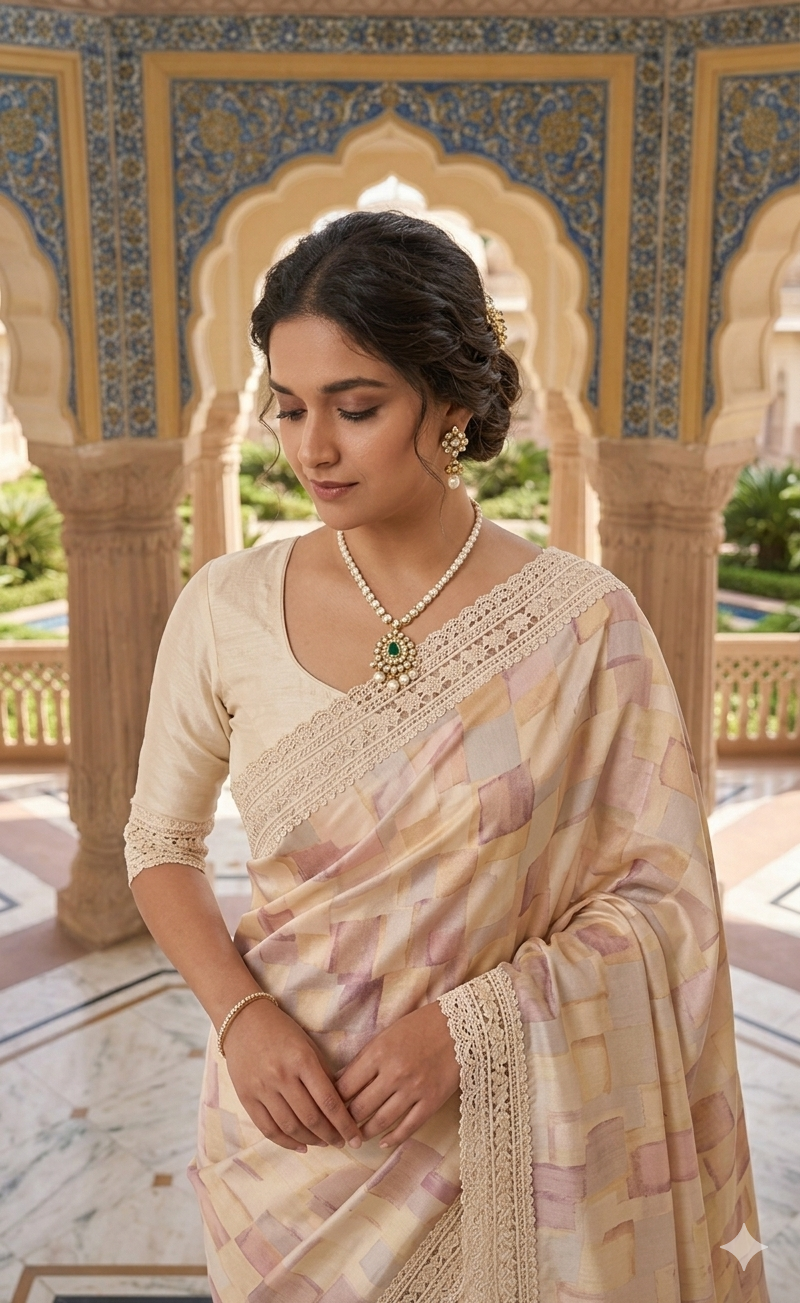 Elegant Abstract Print Saree with Intricate Crochet Lace Border