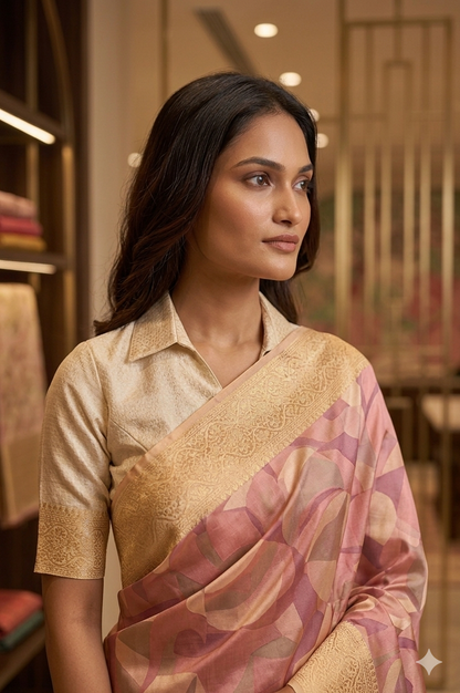 Elegant Peach & Pink Abstract Print Silk Saree with Gold Border