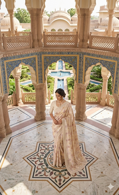 Elegant Abstract Print Saree with Intricate Crochet Lace Border