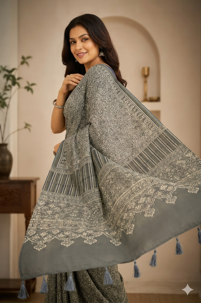 Grey Ethnic Printed Cotton Saree with Tassels