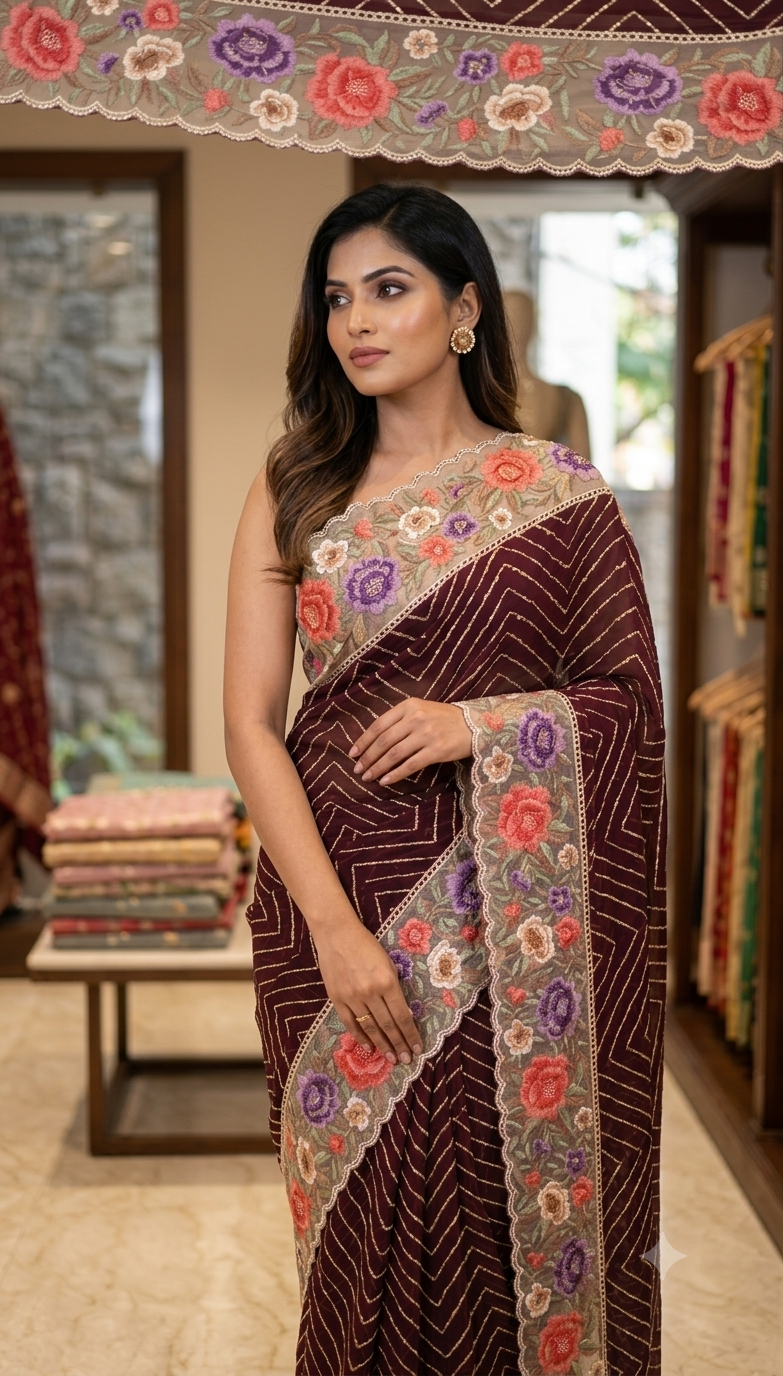 Deep Maroon Chevron Embroidered Saree with Floral Border