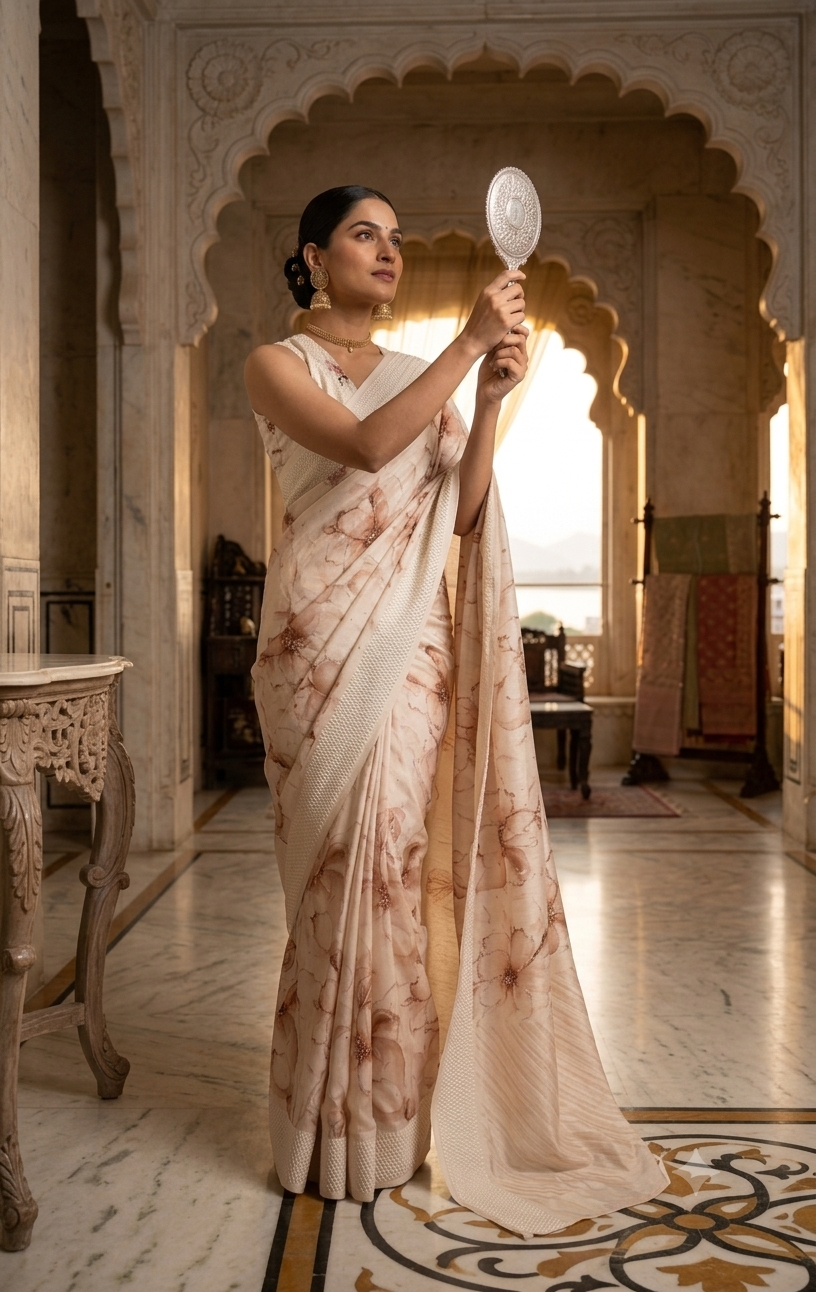 Cream Watercolor Print Saree with Intricate Beadwork & Textured Border