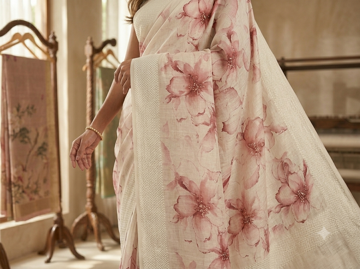 Elegant Floral Print Cotton Saree in Soft Pink & Cream