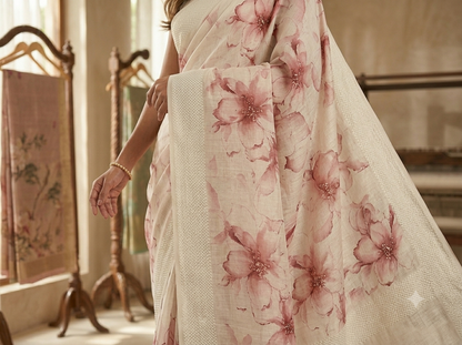 Elegant Floral Print Cotton Saree in Soft Pink & Cream