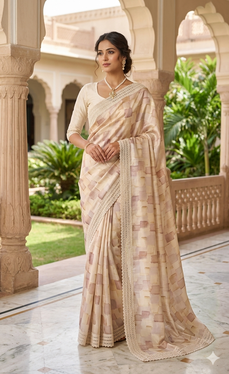 Elegant Abstract Print Saree with Intricate Crochet Lace Border